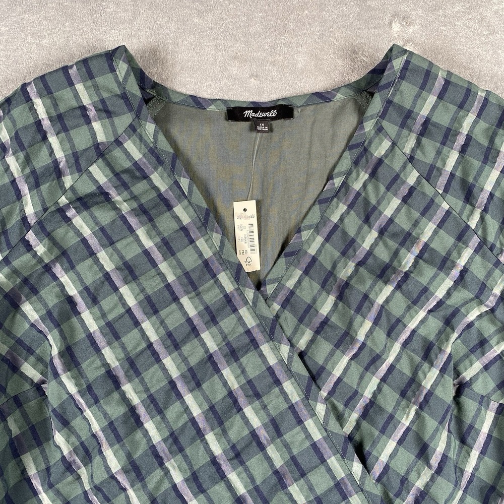 Madewell Dress Womens 1X Green Blue Marianna Puff Sleeve Mini Plaid Heritage NWT - Picture 4 of 14